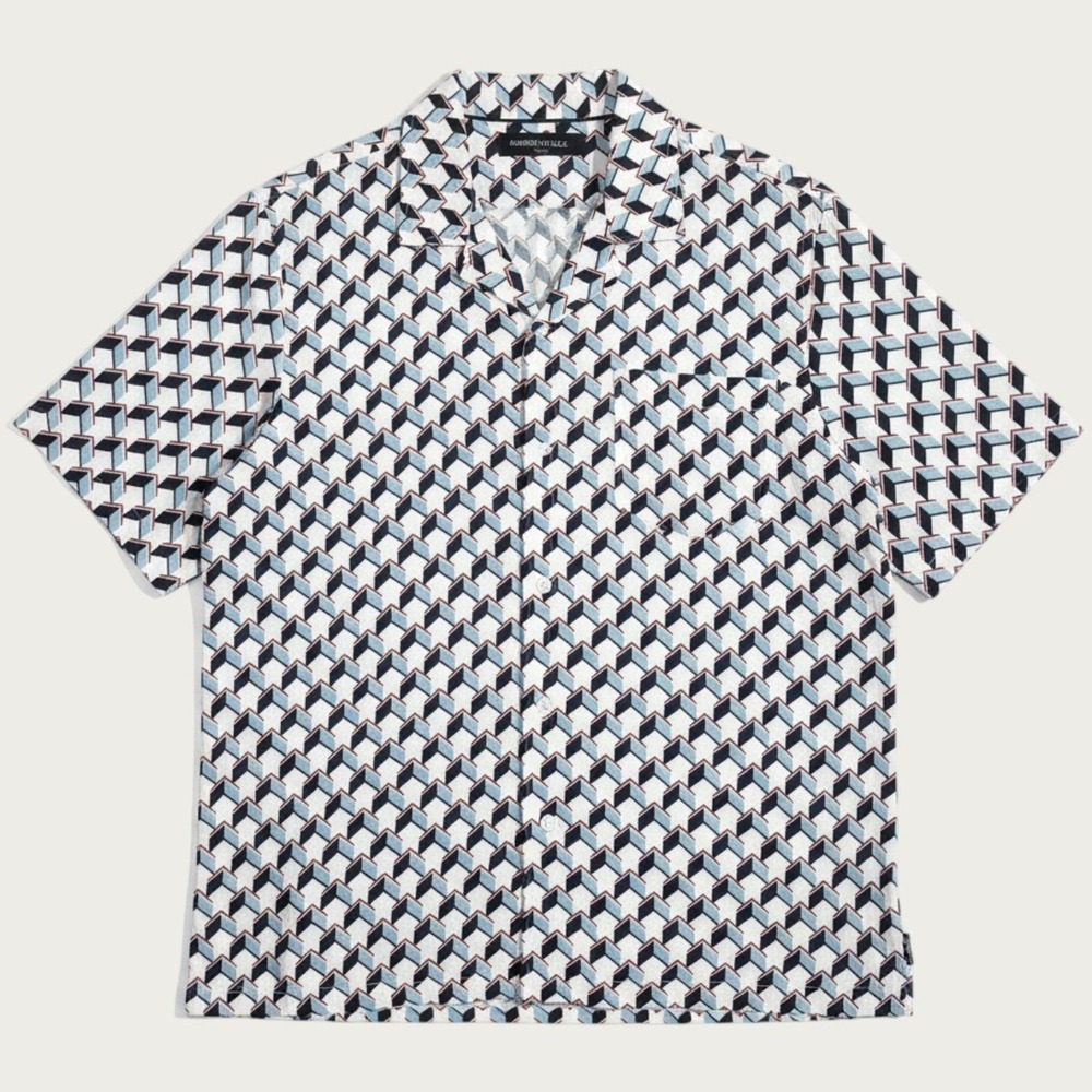 Kenneth Cole Button Down Shirt Mens Large Geometric Camp Collar Short Sleeve NWT